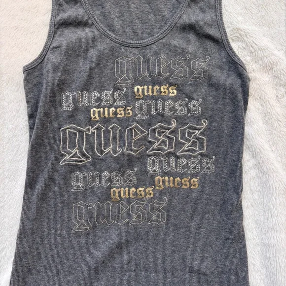 GUESS Grey Ribbed Tank Top Large Y2K Gothic Font Rhinestone - Picture 2 of 7